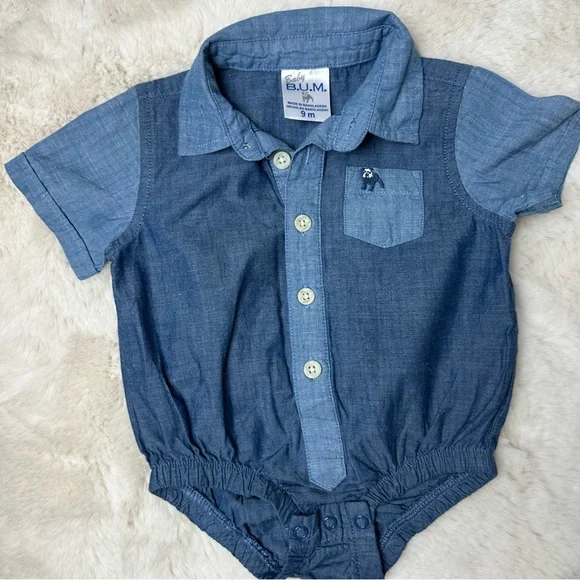 Baby B.U.M. Blue Denim with Chest Pocket One Piece Like New Size 9 Months - Picture 2 of 6